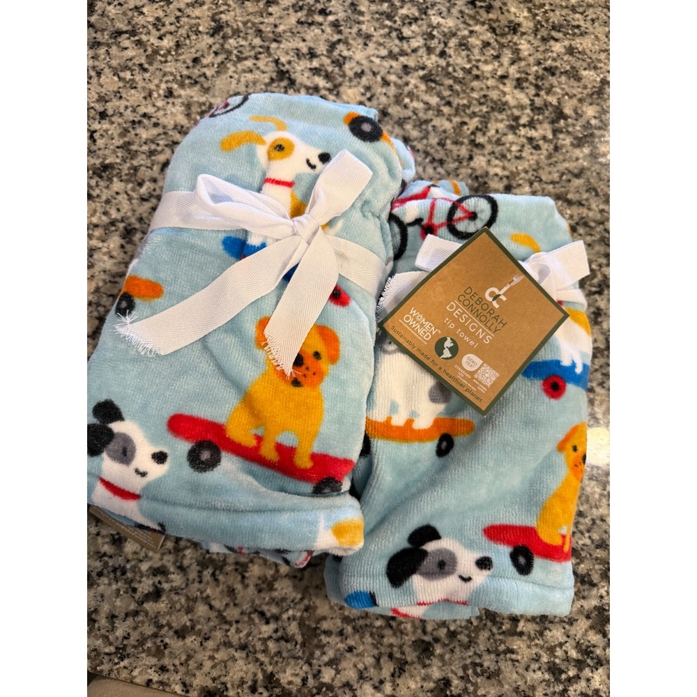 Deborah Connolly Designs Tip Towel Set 2 Pack Dogs on Skateboards Blue Plush NWT